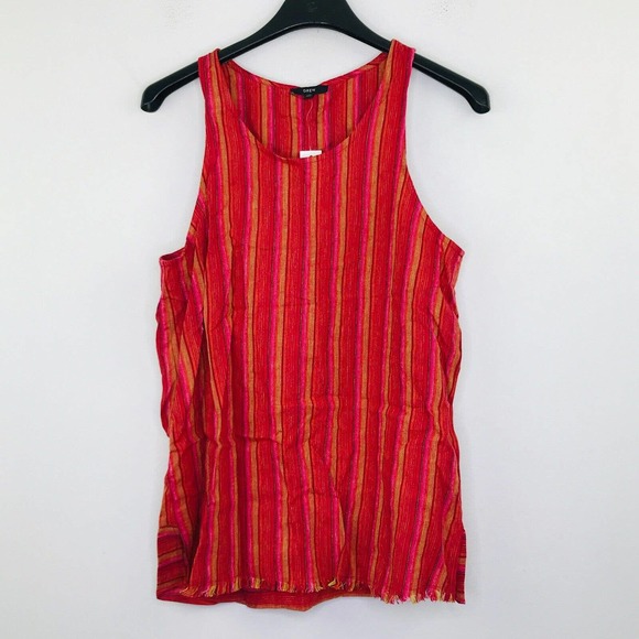 DREW Tops - Drew Women's Small Tank Top Red Linen Boho Striped Fringe Hem Front NWT AZ30